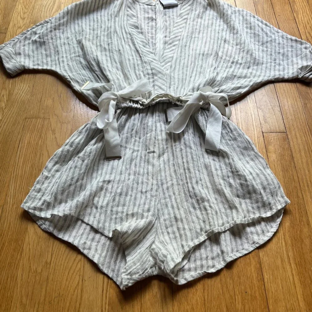 Acler Size 2 Tan & Cream Preston Deep V Striped Linen Paperbag Romper - Picture 7 of 16